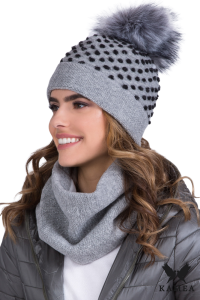 FOKS KOMPLET damski czapka z kominem gładkim kolor szary