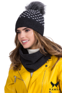 FOKS KOMPLET damski czapka z kominem gładkim kolor grafitowy