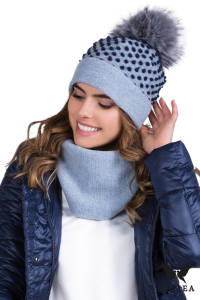 FOKS KOMPLET damski czapka z kominem gładkim kolor błękitny