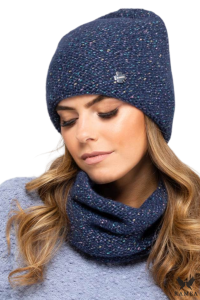 BADALONA-KOMPLET damski czapka+komin bawełna kolor granatowy
