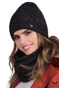 WILMA-KOMPLET damski zimowy czapka z kominem kolor czarny