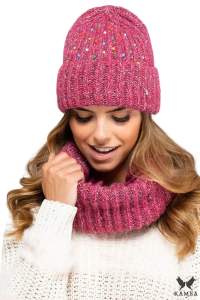 GIJON-KOMPLET zimowy damski czapka z kominem malinowy