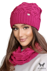 KAMILA komplet damski zimowy czapka z kominem kolor fuksja
