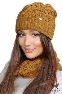 KAMILA komplet damski zimowy czapka z kominem kolor musztardowy