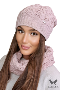KAMILA komplet damski zimowy czapka z kominem kolor różowy