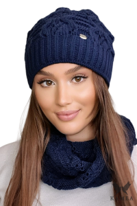 KAMILA komplet damski zimowy czapka z kominem kolor granatowy