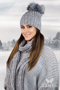Komplet zimowy czapka z szalikiem WEZYR  z pomponem kolor jasny szary