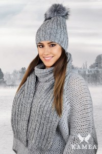 Komplet zimowy czapka z szalikiem WEZYR  z pomponem kolor szary