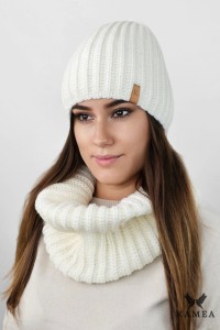 CYKORIA zimowy komplet czapka z kominem w gruby prążek kolor ekru