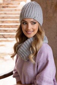 CYKORIA zimowy komplet czapka z kominem w gruby prążek kolor szary