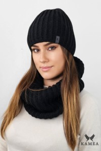 CYKORIA zimowy komplet czapka z kominem w gruby prążek kolor czarny