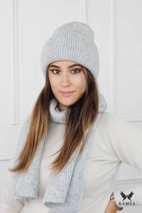 ALMA komplet czapka z szalikiem w prążek kolor jasny szary