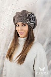 SASANKA pepita beret z ozdobą z królika kolor brązowy