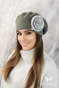 ORCHID zimowy damski beret z ozdobą z królika kolor khaki