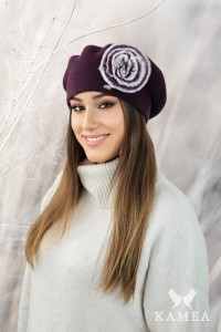 ORCHID zimowy damski beret z ozdobą z królika kolor fioletowy