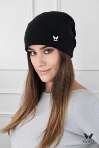 LILY gładka wełniana czapka damska z logo kolor czarny