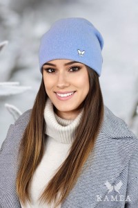 LILY gładka wełniana czapka damska z logo kolor błękitny