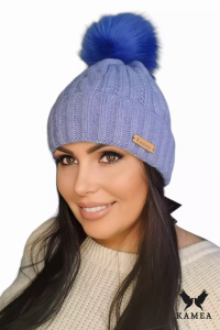NICKY-natural pompon czapka damska kolor niebieski