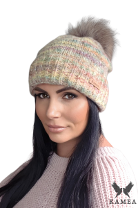 GAJA czapka damska z naturalnym pomponem z jenota kolor zółty