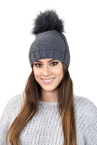 FIONA zimowa czapka damska na polarze z pomponem kolor grafitowy