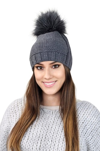 FIONA zimowa czapka damska na polarze z pomponem kolor grafitowy