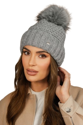 Zimowa  Ocieplana Polarem Czapka Damska Z Pomponem Kolor Szary Kamea-Furja