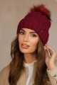 Zimowa  Czapka Damska Kolor Bordowy Kamea-Furja Z Eco Pomponem