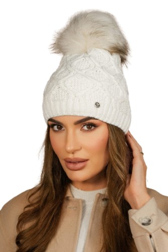 Czapka z pomponem Lamis, kolor ekru, Kamea