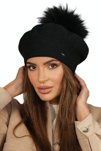 Beret  Z Pomponem Eco Zimowy Wełniany  Kolor  Czarny  Kamea-Fuji